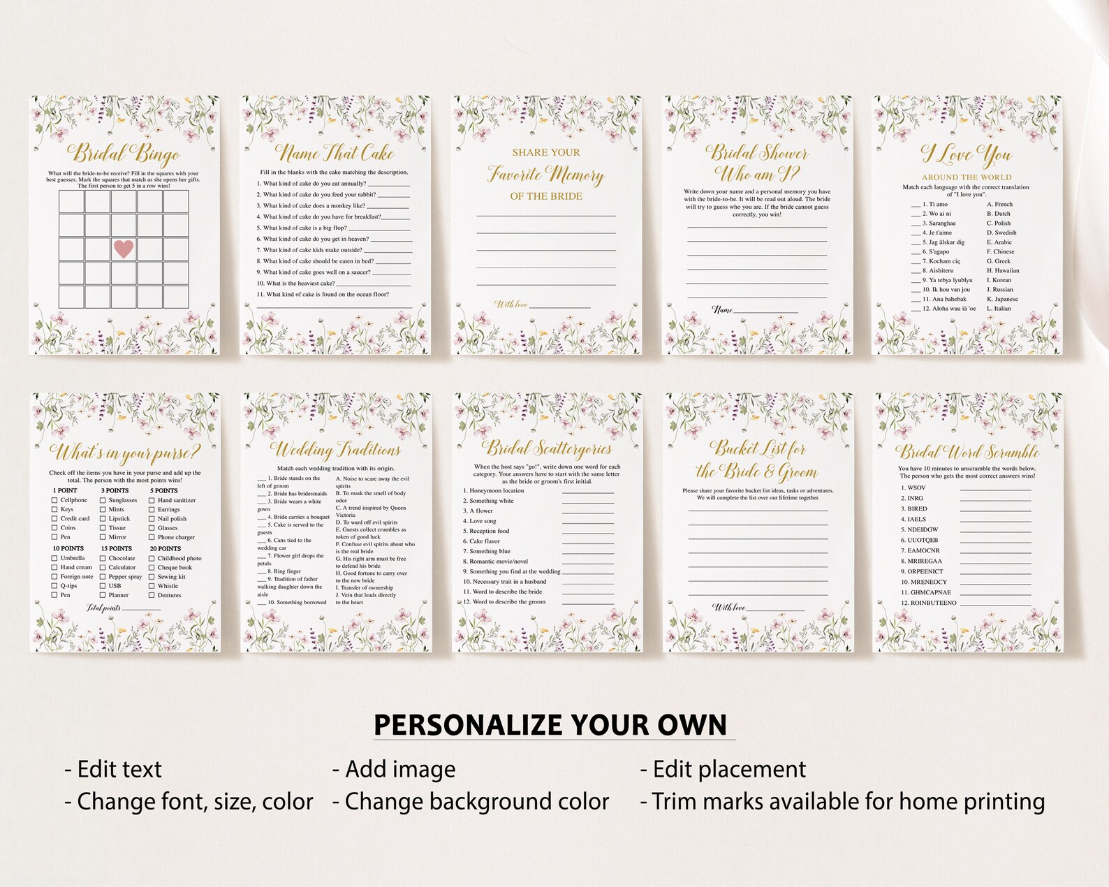 20 Floral Bridal Shower Games Printable Bridal Shower Games Etsy