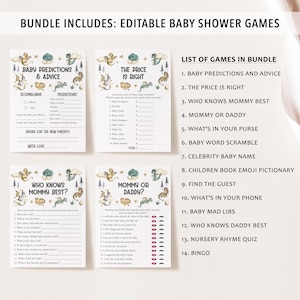 May include: A printable set of 14 baby shower games with a woodland theme. The games include "Baby Predictions and Advice", "The Price is Right", "Who Knows Mummy Best", "Mommy or Daddy", "What's in Your Purse", "Baby Word Scramble", "Celebrity Baby Name", "Children Book Emoji Pictionary", "Find the Guest", "What's in Your Phone", "Baby Mad Libs", "Who Knows Daddy Best", "Nursery Rhyme Quiz", and "Bingo".