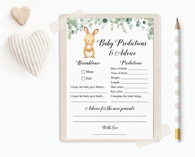 May include: A printable baby shower game card with a cute bunny illustration. The card has sections for guests to write predictions about the baby's birth details, resemblance to parents, and advice for the new parents. The text on the card reads "Baby Predictions & Advice".