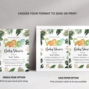 Puede incluir: Dos opciones imprimibles para una invitaci&oacute;n de baby shower. La opci&oacute;n de una sola p&aacute;gina presenta un dise&ntilde;o verde, dorado y blanco con una ilustraci&oacute;n de acuarela de dinosaurios y un le&oacute;n. La opci&oacute;n de ahorro de papel presenta dos invitaciones con el mismo dise&ntilde;o, impresas lado a lado en una sola hoja de papel. El texto de la invitaci&oacute;n dice "Por favor, &uacute;nase a nosotros para una Baby Shower en honor a Sarah Jackson. S&aacute;bado, 19 de diciembre, 12-3 PM. 123 Roosevelt Ave, Los Angeles, CA 90044. RSVP a Megan al 123-456-7890. Registro en Amazon & Target."