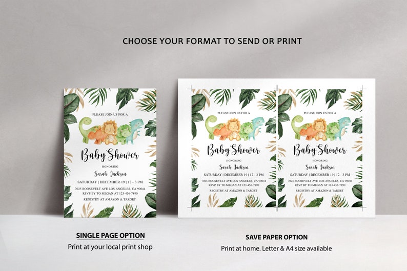 Puede incluir: Dos opciones imprimibles para una invitaci&oacute;n de baby shower. La opci&oacute;n de una sola p&aacute;gina presenta un dise&ntilde;o verde, dorado y blanco con una ilustraci&oacute;n de acuarela de dinosaurios y un le&oacute;n. La opci&oacute;n de ahorro de papel presenta dos invitaciones con el mismo dise&ntilde;o, impresas lado a lado en una sola hoja de papel. El texto de la invitaci&oacute;n dice "Por favor, &uacute;nase a nosotros para una Baby Shower en honor a Sarah Jackson. S&aacute;bado, 19 de diciembre, 12-3 PM. 123 Roosevelt Ave, Los Angeles, CA 90044. RSVP a Megan al 123-456-7890. Registro en Amazon & Target."