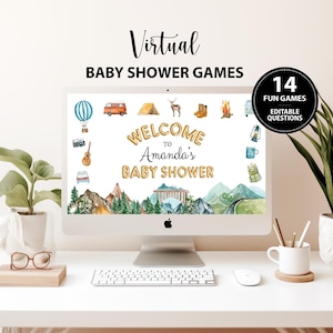 May include: A computer screen displaying a virtual baby shower game with a mountain theme. The screen shows a welcome sign with the text "Welcome to Amanda's Baby Shower". There are 14 fun games with editable questions.
