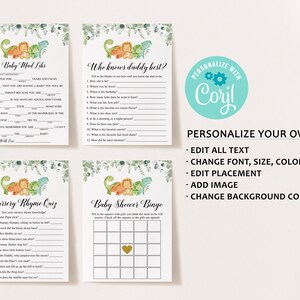 May include: Four printable baby shower game cards with a green and blue watercolor background. The cards feature a dinosaur theme with illustrations of dinosaurs and a baby. The games include "Baby Mad Libs", "Who Knows Daddy Best?", "Nursery Rhyme Quiz", and "Baby Shower Bingo".