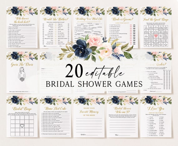 20 Navy Blush Bridal Shower Games, Printable Bridal Shower Games, Floral Bridal Shower, Wedding Shower Games, Bachelorette Party Games