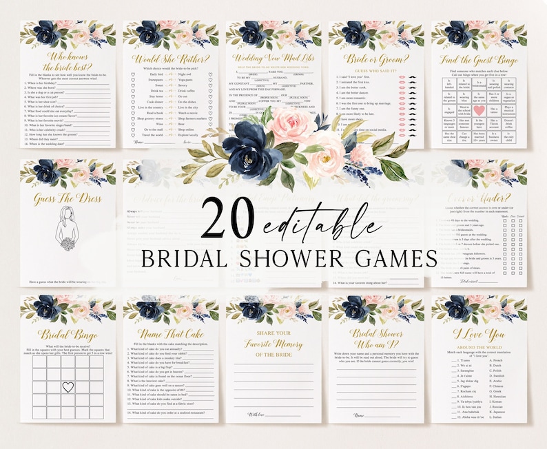 20 Navy Blush Bridal Shower Games, Printable Bridal Shower Games, Floral Bridal Shower, Wedding Shower Games, Bachelorette Party Games image 1