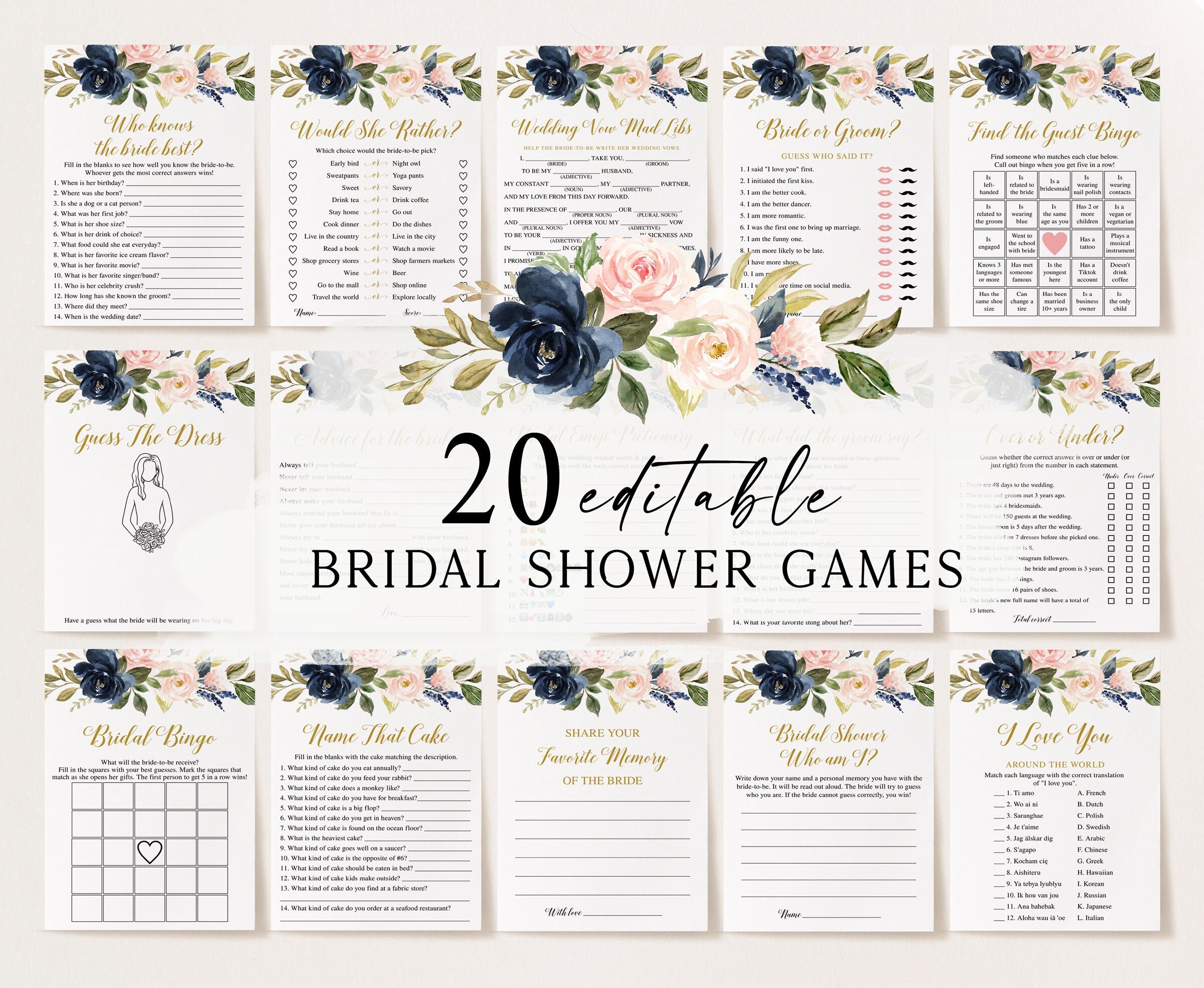 20 Navy Blush Bridal Shower Games, Printable Bridal Shower Games, Floral Bridal Shower, Wedding Shower Games, Bachelorette Party Games