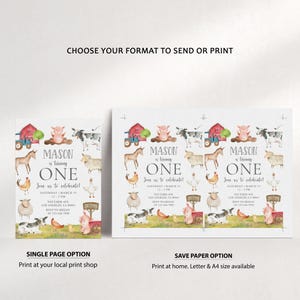 Pode incluir: Convites de anivers&aacute;rio com tema de fazenda com ilustra&ccedil;&otilde;es em aquarela de animais de fazenda e um celeiro vermelho. Os convites dizem "MASON faz UM ano" e incluem detalhes do evento. Op&ccedil;&otilde;es de p&aacute;gina &uacute;nica ou economia de papel est&atilde;o dispon&iacute;veis.