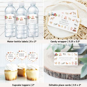 Pode incluir: Uma cole&ccedil;&atilde;o de artigos para festas com tema de fazenda, incluindo r&oacute;tulos para garrafas de &aacute;gua, embalagens de doces, toppers de cupcake e cart&otilde;es de lugar edit&aacute;veis. Os r&oacute;tulos e embalagens apresentam ilustra&ccedil;&otilde;es de animais de fazenda e o texto "Mason's 1st Birthday".