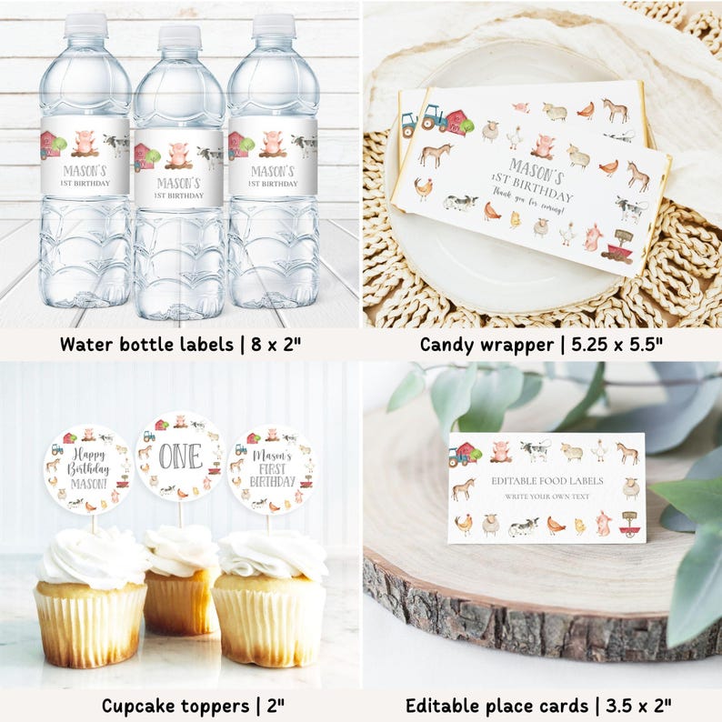 Pode incluir: Uma cole&ccedil;&atilde;o de artigos para festas com tema de fazenda, incluindo r&oacute;tulos para garrafas de &aacute;gua, embalagens de doces, toppers de cupcake e cart&otilde;es de lugar edit&aacute;veis. Os r&oacute;tulos e embalagens apresentam ilustra&ccedil;&otilde;es de animais de fazenda e o texto "Mason's 1st Birthday".