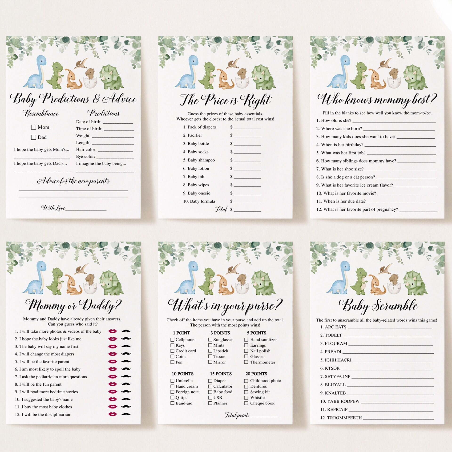 14 Dinosaur Baby Shower Games, Dino Baby Shower Games, Dinosaur Baby Shower, Greenery Baby Shower Games, Boy Baby Shower Games