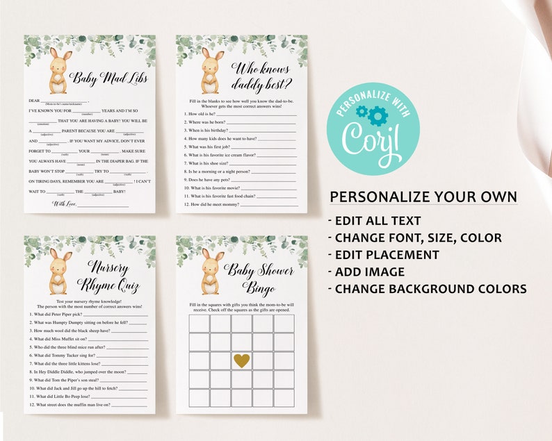 May include: Four printable baby shower game cards featuring a cute bunny rabbit illustration with green foliage. The games include Baby Mad Libs, Who Knows Daddy Best?, Nursery Rhyme Quiz, and Baby Shower Bingo.