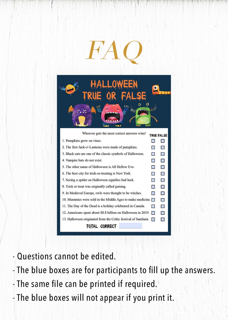 Halloween True Or False Halloween Trivia Quiz Virtual Etsy