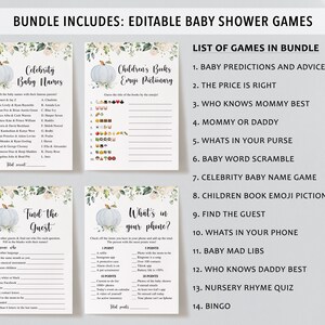 May include: A collection of printable baby shower games, including "Celebrity Baby Names" and "Children's Books Emoji Pictionary." Each game features a light blue pumpkin graphic and floral accents. The bundle includes 14 games.