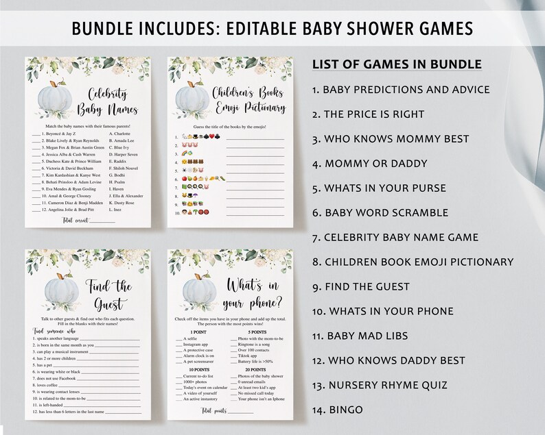 May include: A collection of printable baby shower games, including "Celebrity Baby Names" and "Children's Books Emoji Pictionary." Each game features a light blue pumpkin graphic and floral accents. The bundle includes 14 games.