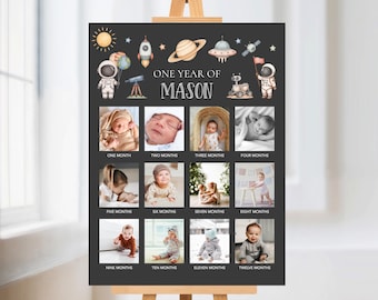 Modello di poster per il primo anno di vita nello spazio, bacheca per il primo anno di vita del bambino, poster fotografico per il primo anno di vita del bambino, foto per il primo compleanno