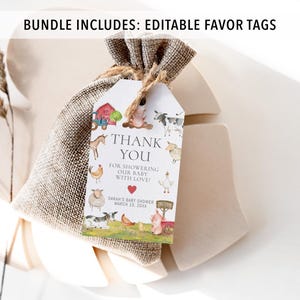 May include: A white thank you tag with a red heart and farm animal illustrations. The tag says "Thank You for showering our baby with love!" and includes the date "March 15, 20".