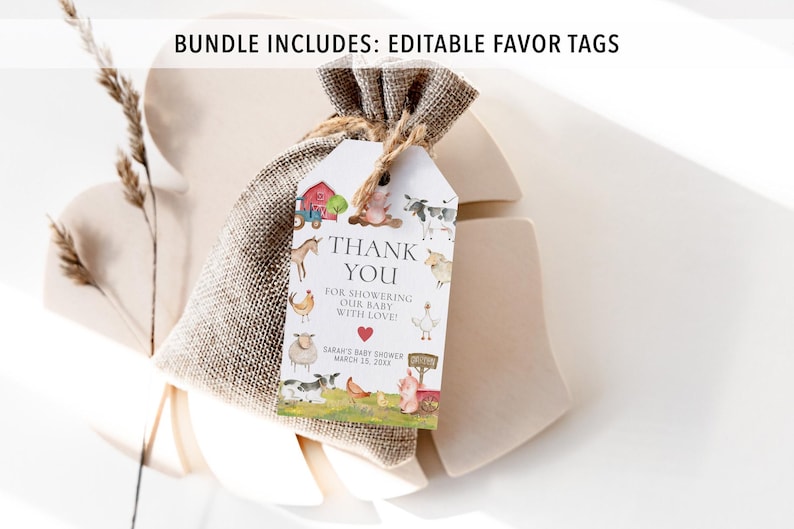 May include: A white thank you tag with a red heart and farm animal illustrations. The tag says "Thank You for showering our baby with love!" and includes the date "March 15, 20".