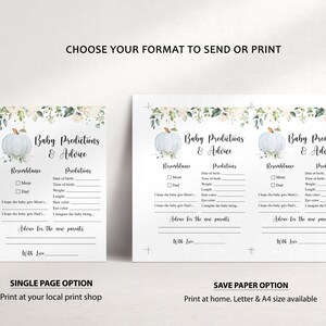 May include: White baby shower prediction and advice cards with a light blue pumpkin illustration and floral accents. The cards include sections for predictions about the baby's resemblance, date of birth, weight, and more. The text reads "Baby Predictions & Advice."