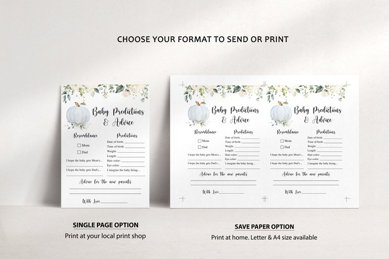 May include: White baby shower prediction and advice cards with a light blue pumpkin illustration and floral accents. The cards include sections for predictions about the baby's resemblance, date of birth, weight, and more. The text reads "Baby Predictions & Advice."