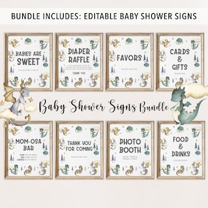 May include: A set of eight printable baby shower signs featuring a dragon theme. The signs are decorated with watercolor illustrations of dragons, stars, and clouds. The signs include text such as "Babies are Sweet", "Diaper Raffle", "Favors", "Cards & Gifts", "Mom-osa Bar", "Thank You for Coming", "Photo Booth", and "Food & Drinks".