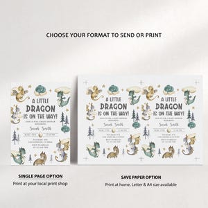 May include: Two printable baby shower invitation designs featuring a watercolour illustration of a green and gold dragon with the text "A Little Dragon Is On The Way!" The design on the left is a single page option, while the design on the right is a save paper option.
