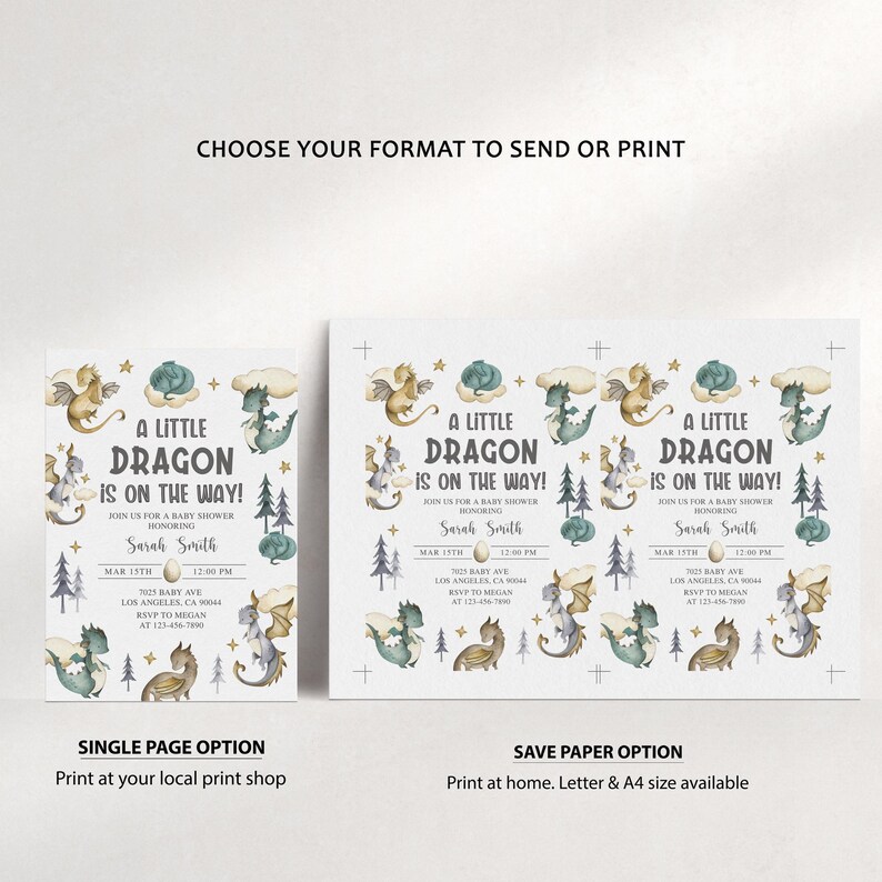 May include: Two printable baby shower invitation designs featuring a watercolour illustration of a green and gold dragon with the text "A Little Dragon Is On The Way!" The design on the left is a single page option, while the design on the right is a save paper option.