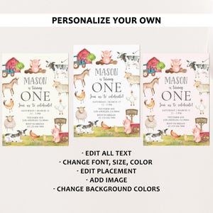 Pode incluir: Tr&ecirc;s convites personalizados com tema de animais da quinta. Cada convite apresenta ilustra&ccedil;&otilde;es de um celeiro, porco, vaca, cavalo, ovelha e galinha. O texto diz "Mason est&aacute; a fazer UM ANO" com detalhes do evento e op&ccedil;&otilde;es de personaliza&ccedil;&atilde;o.