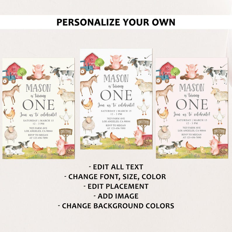 Pode incluir: Tr&ecirc;s convites personalizados com tema de animais da quinta. Cada convite apresenta ilustra&ccedil;&otilde;es de um celeiro, porco, vaca, cavalo, ovelha e galinha. O texto diz "Mason est&aacute; a fazer UM ANO" com detalhes do evento e op&ccedil;&otilde;es de personaliza&ccedil;&atilde;o.