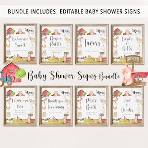 May include: A set of 8 printable baby shower signs featuring a farm theme with watercolor illustrations of pigs, cows, chickens, and horses. The signs include text such as "Babies are Sweet", "Diaper Raffle", "Favors", "Cards & Gifts", "Mom-osa Bar", "Thank you for coming", "Photo Booth", and "Food & Drinks".