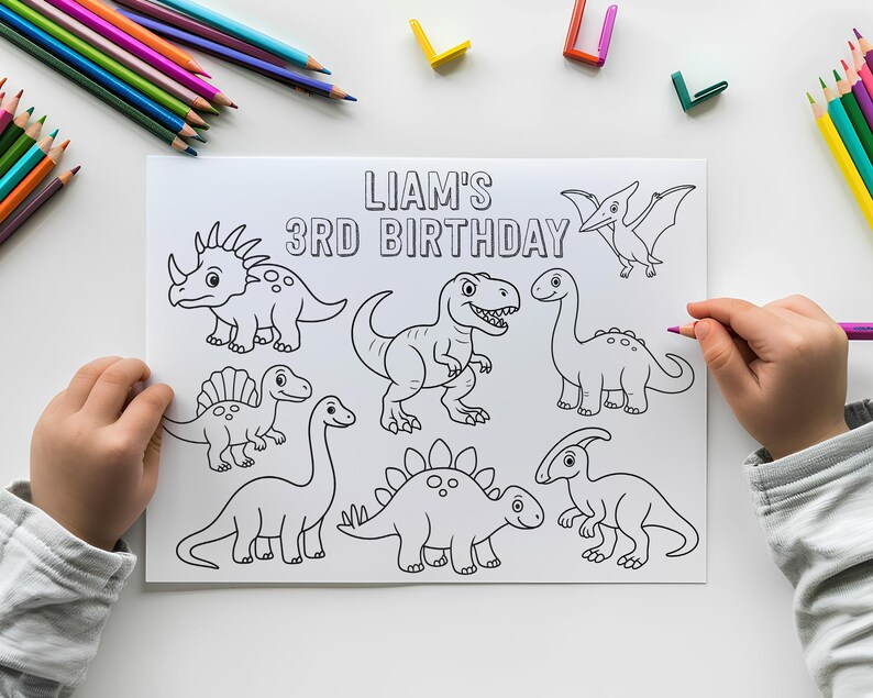 Personalized Dinosaur Birthday Coloring Placemat Printable Coloring ...
