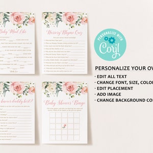May include: Four printable baby shower game cards with floral designs. The games include Baby Mad Libs, Nursery Rhyme Quiz, Who Knows Daddy Best?, and Baby Shower Bingo.