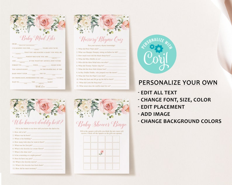 May include: Four printable baby shower game cards with floral designs. The games include Baby Mad Libs, Nursery Rhyme Quiz, Who Knows Daddy Best?, and Baby Shower Bingo.