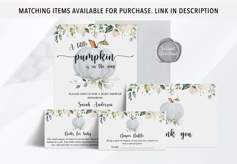 May include: Baby shower invitation set featuring a light blue pumpkin design with floral accents. The set includes an invitation, thank you card, and inserts for books and diapers. The text reads "A little pumpkin is on the way."