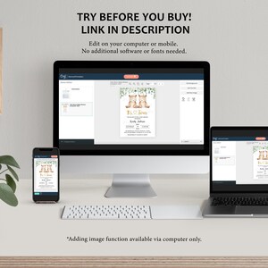 May include: A computer screen, a laptop, and a smartphone all show the same image of a printable invitation with a cute bear couple wearing boots and surrounded by greenery. The text on the invitation reads "Mr. & Mrs. Jones" and includes the date and time of the event. The text at the top of the screen reads "TRY BEFORE YOU BUY! LINK IN DESCRIPTION".