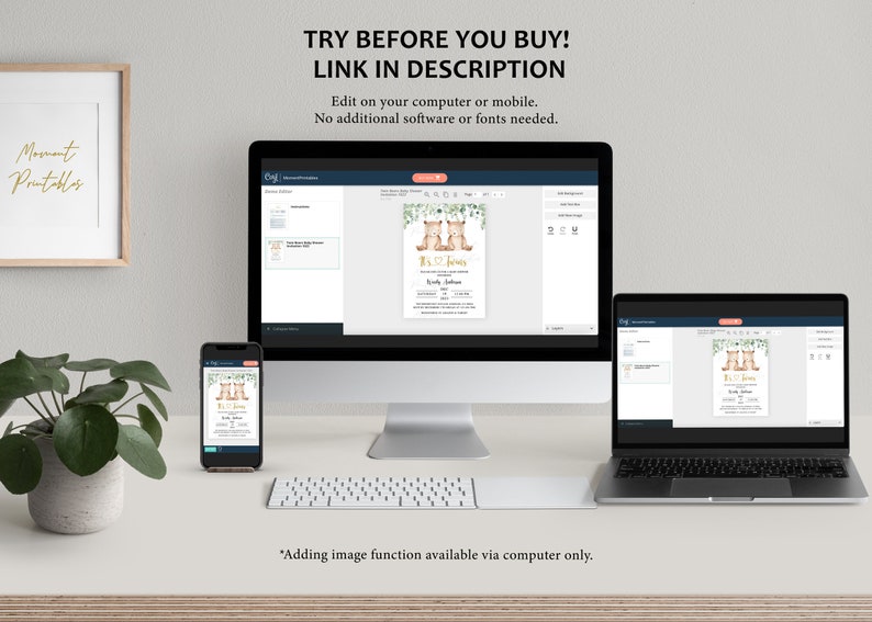 May include: A computer screen, a laptop, and a smartphone all show the same image of a printable invitation with a cute bear couple wearing boots and surrounded by greenery. The text on the invitation reads "Mr. & Mrs. Jones" and includes the date and time of the event. The text at the top of the screen reads "TRY BEFORE YOU BUY! LINK IN DESCRIPTION".