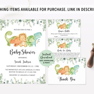 May include: A set of printable baby shower cards featuring a watercolor illustration of dinosaurs and a jungle theme. The cards include a baby shower invitation, a diaper raffle card, and a thank you card. The text on the invitation reads "Please join us for a Baby Shower honoring Sarah Jackson". The text on the diaper raffle card reads "Diaper Raffle. Bring a pack of diapers of any size for a chance to win a special prize". The text on the thank you card reads "Thank You".