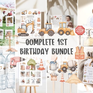 Könnte beinhalten: Ein komplettes 1. Geburtstags-Party-Paket mit einem Bau-Thema. Das Paket beinhaltet eine druckbare Einladung, eine Dankeskarte, Wasserflaschenetiketten, Geschenkanhänger, eine Fotocollage und eine Vielzahl von Bau-Dekorationen. Die Dekorationen umfassen ein Stoppschild, eine Bauweste, einen Farbeimer, einen Kegel, einen Baum, eine Werkzeugkiste, einen LKW und einen Sandhaufen.