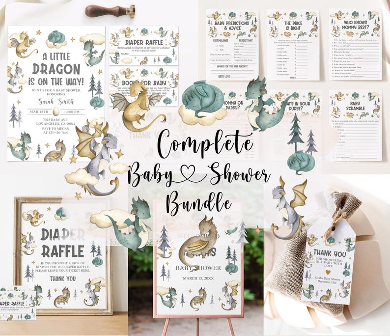 May include: A complete baby shower bundle with a dragon theme. The bundle includes invitations, games, a diaper raffle sign, a thank you tag, and a welcome sign. The design features watercolor illustrations of dragons, stars, and clouds in shades of blue, green, and gold.