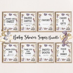 12 letreros de dragón morado para baby shower, paquete de letreros para baby shower, decoración de dragón para baby shower, letrero para baby shower, rifa de pañales
