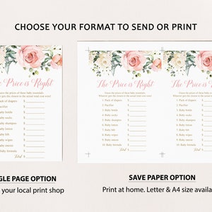 May include: A printable baby shower game called "The Price is Right". The game features a floral design with pink and white flowers. Players guess the price of baby essentials and whoever gets the closest to the actual total cost wins.