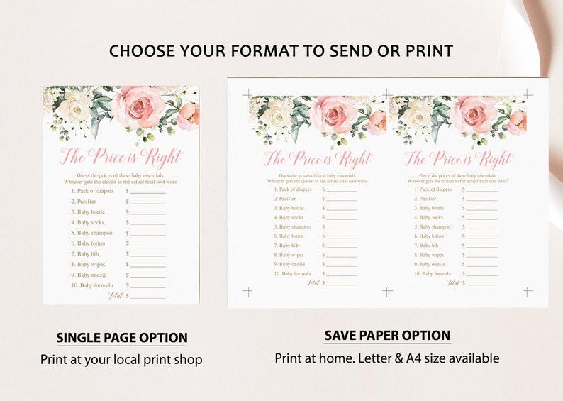 May include: A printable baby shower game called "The Price is Right". The game features a floral design with pink and white flowers. Players guess the price of baby essentials and whoever gets the closest to the actual total cost wins.