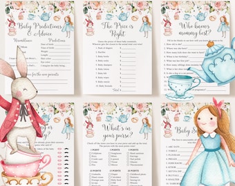 May include: A set of printable baby shower games featuring a whimsical Alice in Wonderland theme. The games include "Baby Predictions & Advice", "The Price is Right", "Who Knows Mommy Best?", "Mommy or Daddy?", "What's in Your Purse?", and "Baby Scramble".