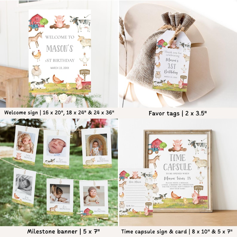 Pode incluir: Uma cole&ccedil;&atilde;o de decora&ccedil;&otilde;es para festas com tema de fazenda. Inclui uma placa de boas-vindas, etiquetas de lembrancinhas, uma faixa de marcos com fotos e uma placa de c&aacute;psula do tempo. As decora&ccedil;&otilde;es apresentam ilustra&ccedil;&otilde;es de animais de fazenda.