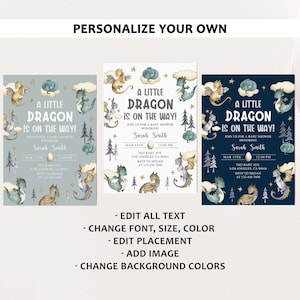 May include: Three customisable baby shower invitations with a blue, white and navy blue background. Each invitation features a watercolour illustration of a dragon with gold stars and the text "A Little Dragon is on the Way!"