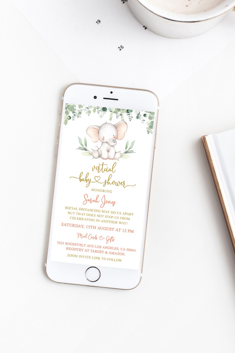 Virtual Baby Shower Invitation Elephant Baby Shower Etsy