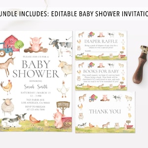 May include: Editable baby shower invitation with a watercolor farm theme. The invitation features a pink pig, a white goose, a brown horse, a white sheep, and a red barn. The text on the invitation reads "Please join us for a baby shower honoring Sarah Smith, Saturday, March 15, 12-3 PM, 7025 Farm Ave, Los Angeles, CA 90044, RSVP to Megan at 123-456-7890". The invitation also includes two cards for diaper raffle and books for baby.