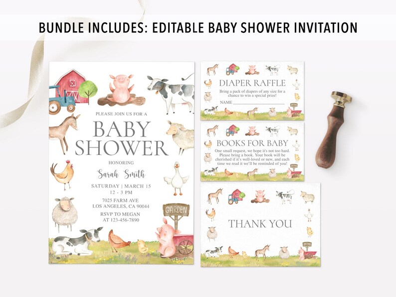 May include: Editable baby shower invitation with a watercolor farm theme. The invitation features a pink pig, a white goose, a brown horse, a white sheep, and a red barn. The text on the invitation reads "Please join us for a baby shower honoring Sarah Smith, Saturday, March 15, 12-3 PM, 7025 Farm Ave, Los Angeles, CA 90044, RSVP to Megan at 123-456-7890". The invitation also includes two cards for diaper raffle and books for baby.