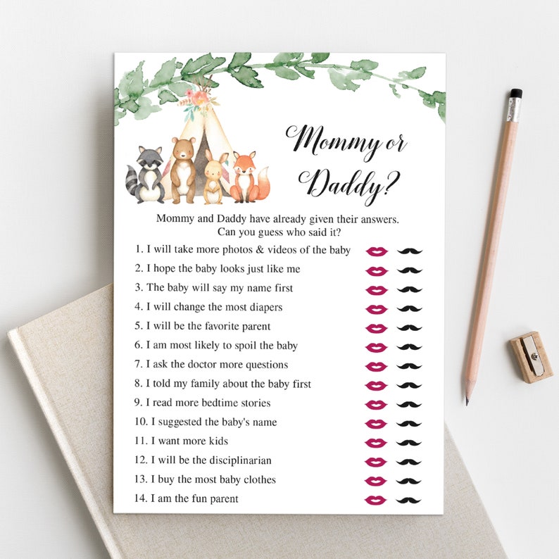 Editable Mom or Dad Baby Shower Game Woodland Baby Shower | Etsy