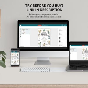 May include: A digital mockup showing a printable invitation for a baby shower. The invitation features a green, blue, and yellow illustration of a dragon with the text "A Little Dragon is on the Way". The invitation is displayed on a computer screen, laptop, and smartphone.