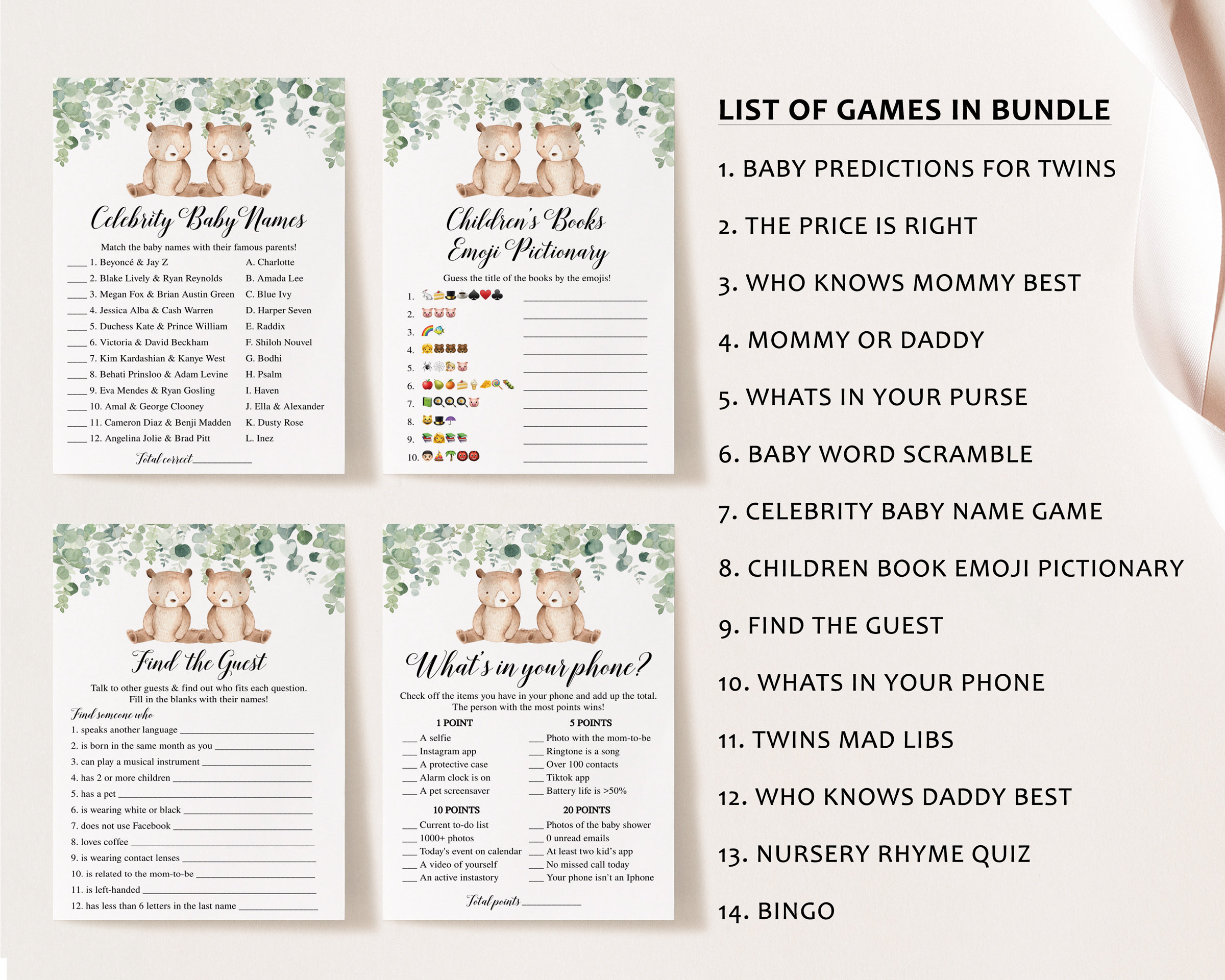 14 Twins Baby Shower Games Twin Baby Shower Games Twins Baby Etsy